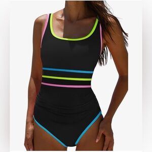 Black One-Piece Swimsuit with Neon Trim Accents